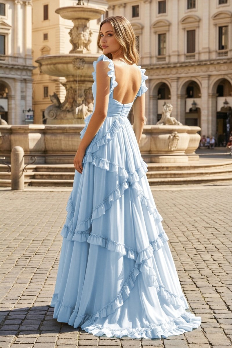 A-Line Straps Sky Blue Chiffon Ruffles Long Prom Dress - Curvevia