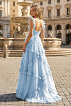 A-Line Straps Sky Blue Chiffon Ruffles Long Prom Dress - Curvevia