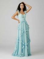 A-Line Straps Sky Blue Chiffon Ruffles Long Prom Dress - Curvevia