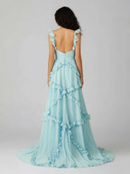 A-Line Straps Sky Blue Chiffon Ruffles Long Prom Dress - Curvevia