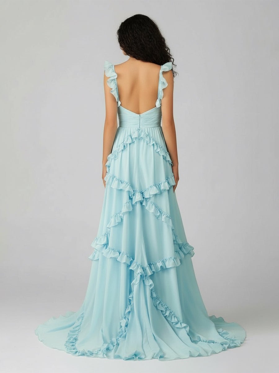 A-Line Straps Sky Blue Chiffon Ruffles Long Prom Dress - Curvevia