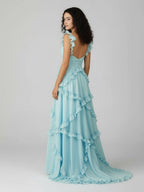 A-Line Straps Sky Blue Chiffon Ruffles Long Prom Dress - Curvevia