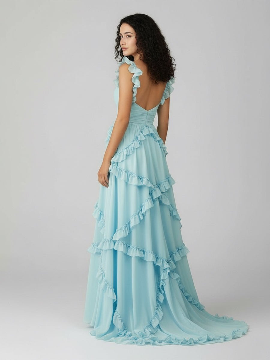 A-Line Straps Sky Blue Chiffon Ruffles Long Prom Dress - Curvevia