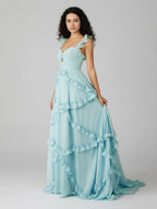 A-Line Straps Sky Blue Chiffon Ruffles Long Prom Dress - Curvevia