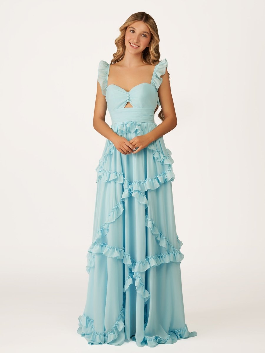 A-Line Straps Sky Blue Chiffon Ruffles Long Prom Dress - Curvevia