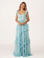 A-Line Straps Sky Blue Chiffon Ruffles Long Prom Dress - Curvevia