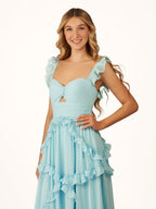A-Line Straps Sky Blue Chiffon Ruffles Long Prom Dress - Curvevia