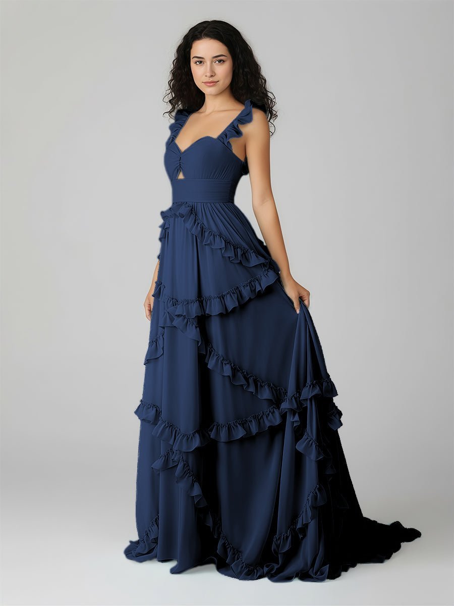 A-Line Straps Sky Blue Chiffon Ruffles Long Prom Dress - Curvevia