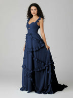 A-Line Straps Sky Blue Chiffon Ruffles Long Prom Dress - Curvevia