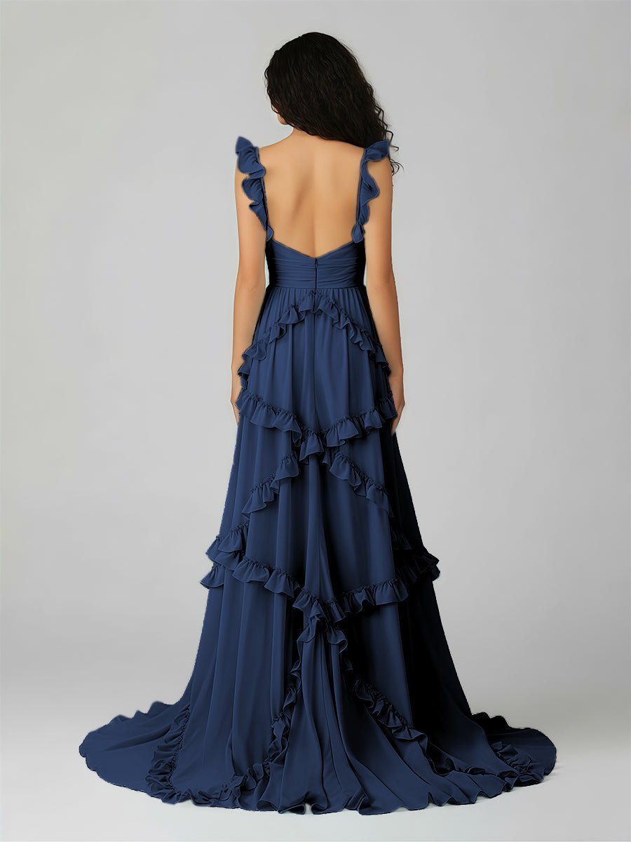 A-Line Straps Sky Blue Chiffon Ruffles Long Prom Dress - Curvevia