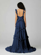 A-Line Straps Sky Blue Chiffon Ruffles Long Prom Dress - Curvevia