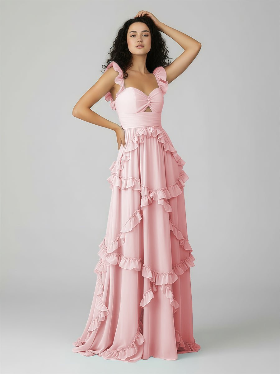 A-Line Straps Sky Blue Chiffon Ruffles Long Prom Dress - Curvevia