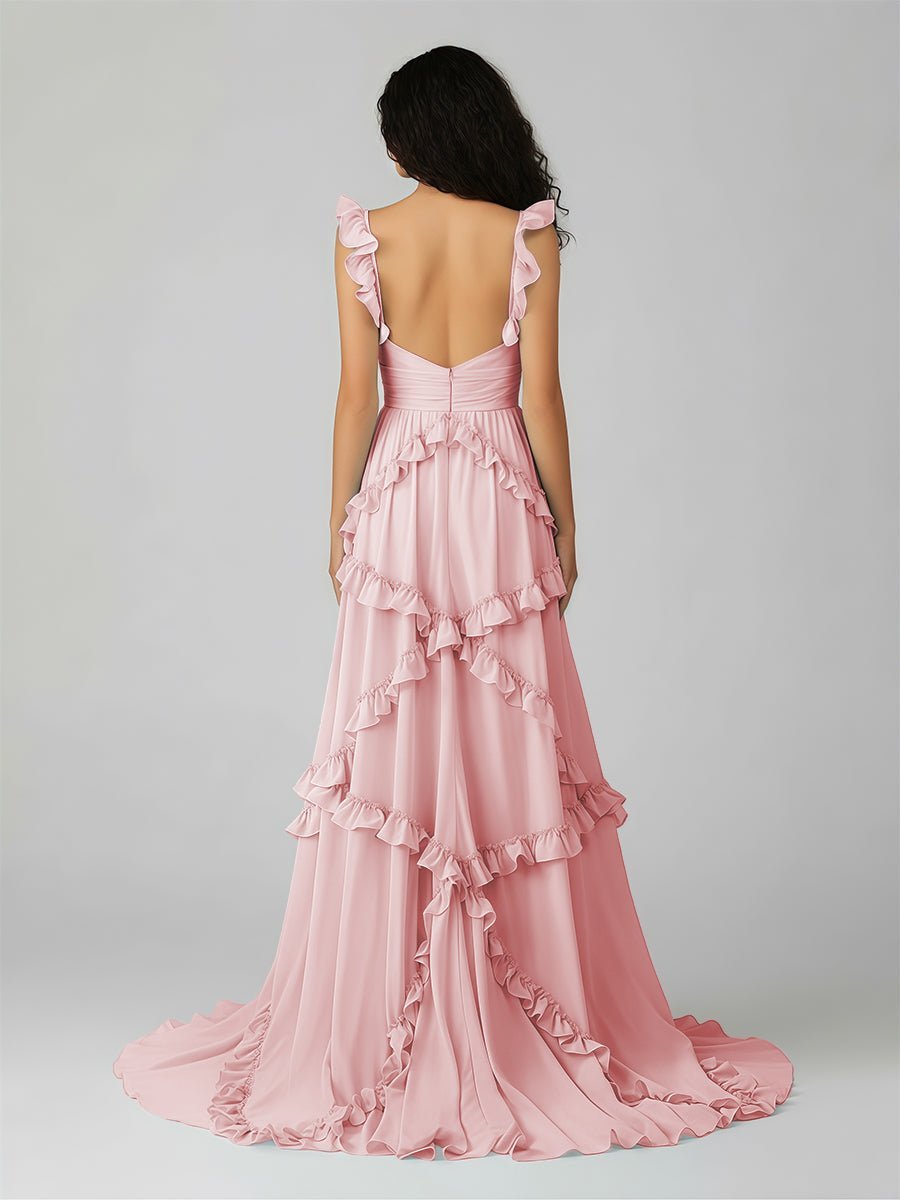 A-Line Straps Sky Blue Chiffon Ruffles Long Prom Dress - Curvevia
