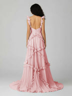 A-Line Straps Sky Blue Chiffon Ruffles Long Prom Dress - Curvevia