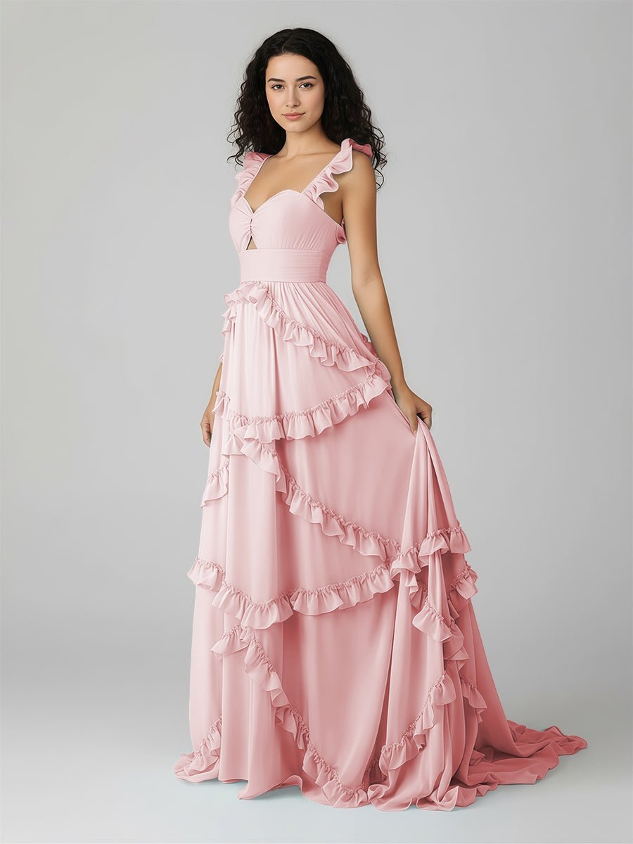 A-Line Straps Sky Blue Chiffon Ruffles Long Prom Dress - Curvevia
