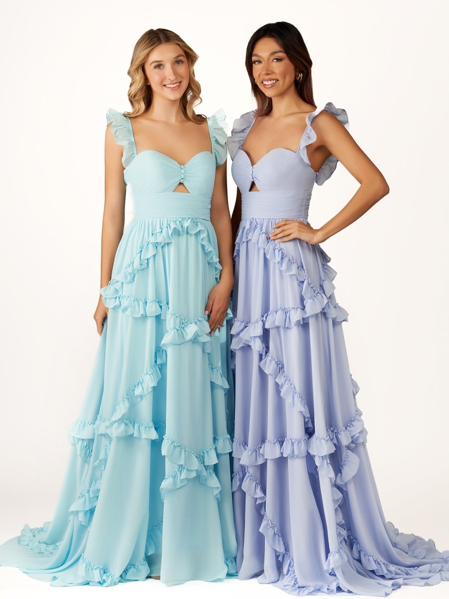 A-Line Straps Sky Blue Chiffon Ruffles Long Prom Dress - Curvevia