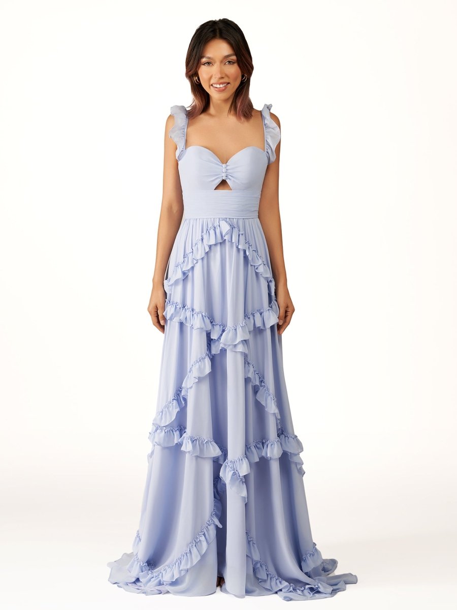 A-Line Straps Sky Blue Chiffon Ruffles Long Prom Dress - Curvevia