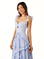 A-Line Straps Sky Blue Chiffon Ruffles Long Prom Dress - Curvevia