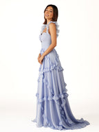 A-Line Straps Sky Blue Chiffon Ruffles Long Prom Dress - Curvevia