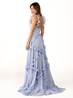 A-Line Straps Sky Blue Chiffon Ruffles Long Prom Dress - Curvevia