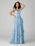 A-Line Straps Sky Blue Chiffon Ruffles Long Prom Dress - Curvevia