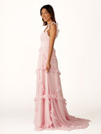 A-Line Straps Sky Blue Chiffon Ruffles Long Prom Dress - Curvevia