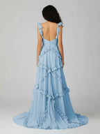 A-Line Straps Sky Blue Chiffon Ruffles Long Prom Dress - Curvevia