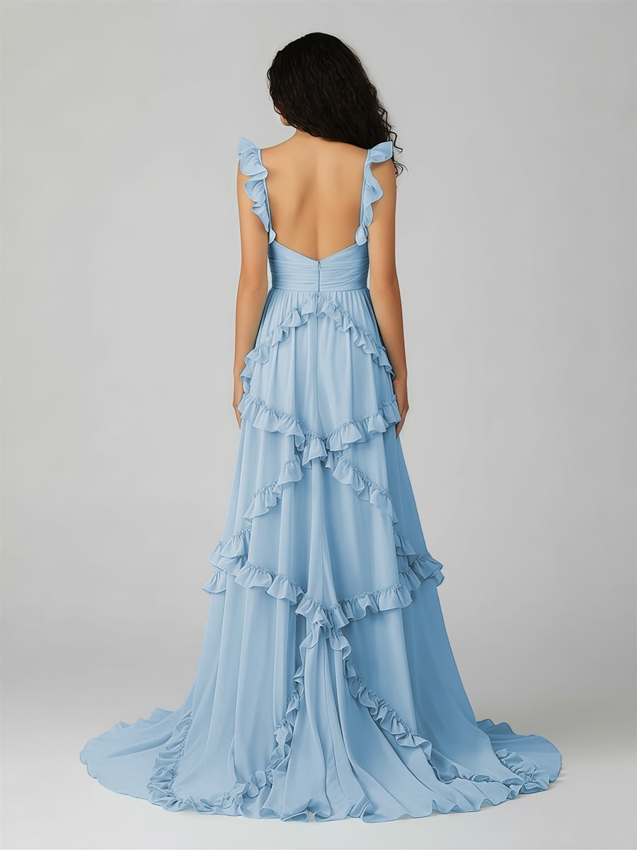 A-Line Straps Sky Blue Chiffon Ruffles Long Prom Dress - Curvevia