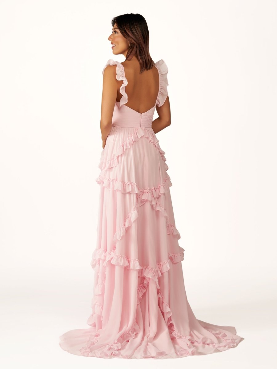 A-Line Straps Sky Blue Chiffon Ruffles Long Prom Dress - Curvevia