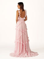 A-Line Straps Sky Blue Chiffon Ruffles Long Prom Dress - Curvevia