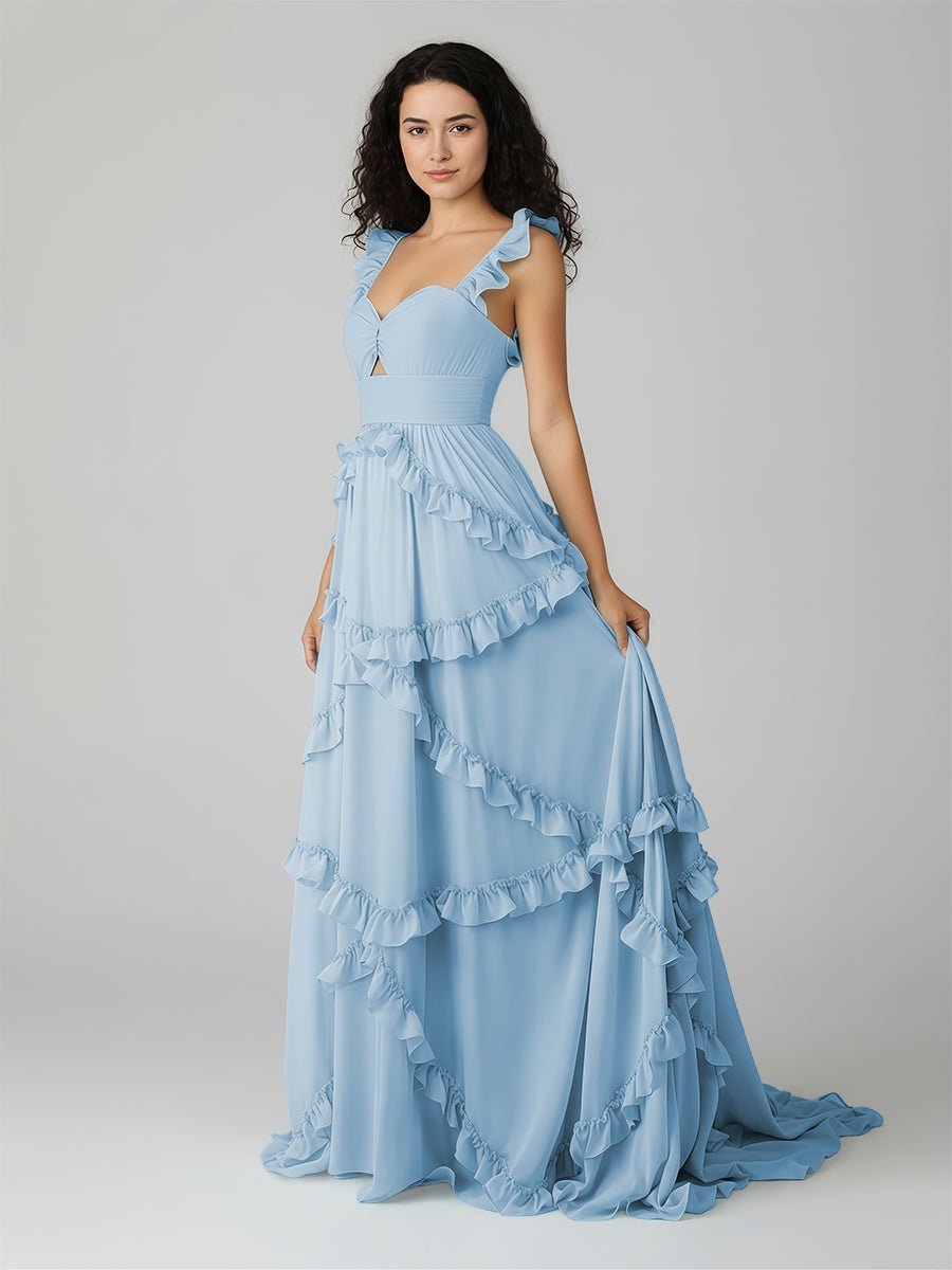 A-Line Straps Sky Blue Chiffon Ruffles Long Prom Dress - Curvevia