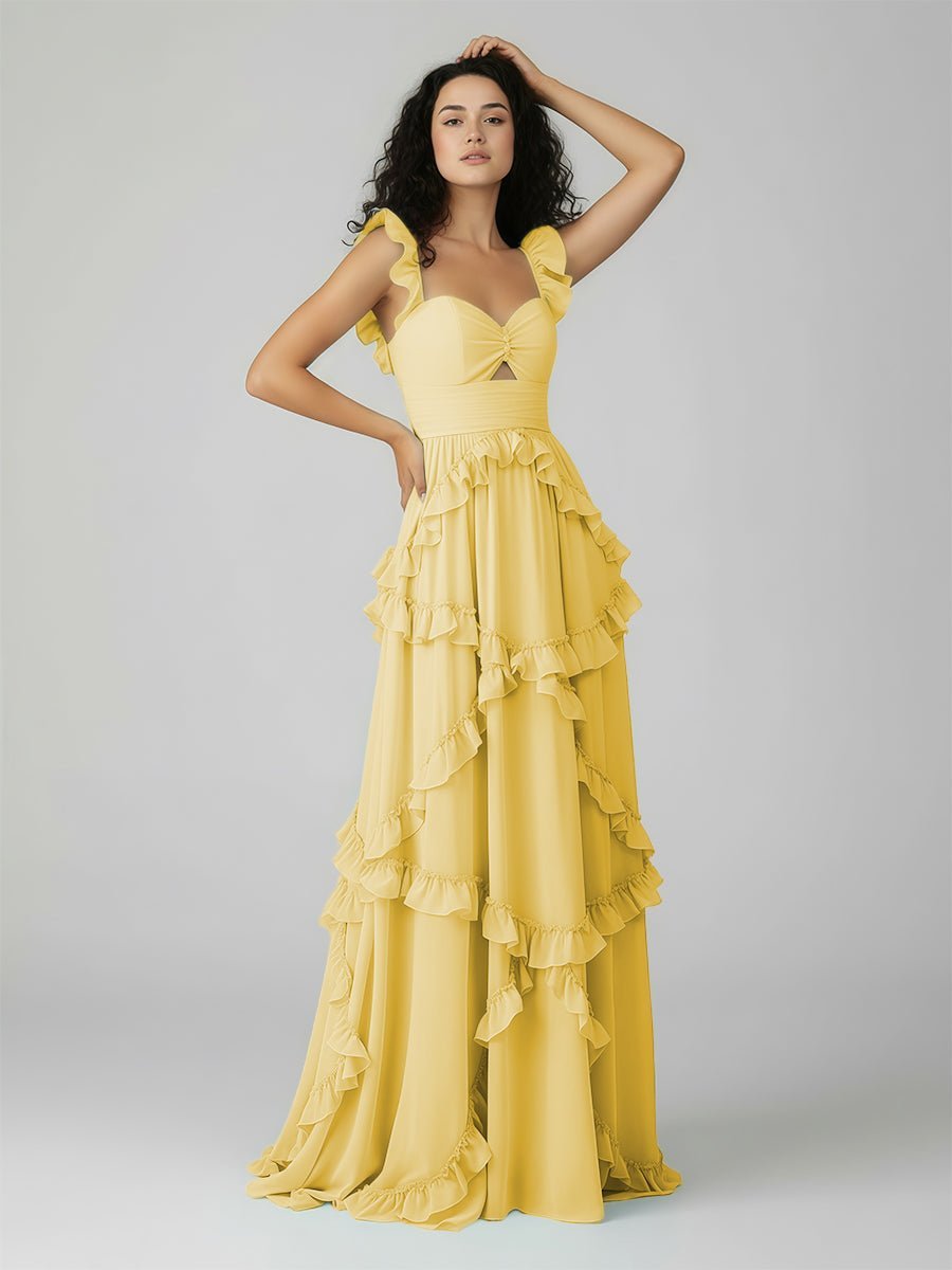 A-Line Straps Sky Blue Chiffon Ruffles Long Prom Dress - Curvevia