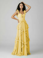 A-Line Straps Sky Blue Chiffon Ruffles Long Prom Dress - Curvevia