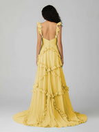 A-Line Straps Sky Blue Chiffon Ruffles Long Prom Dress - Curvevia