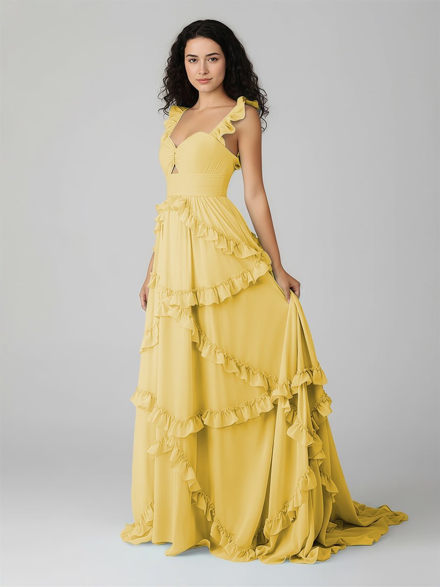 A-Line Straps Sky Blue Chiffon Ruffles Long Prom Dress - Curvevia