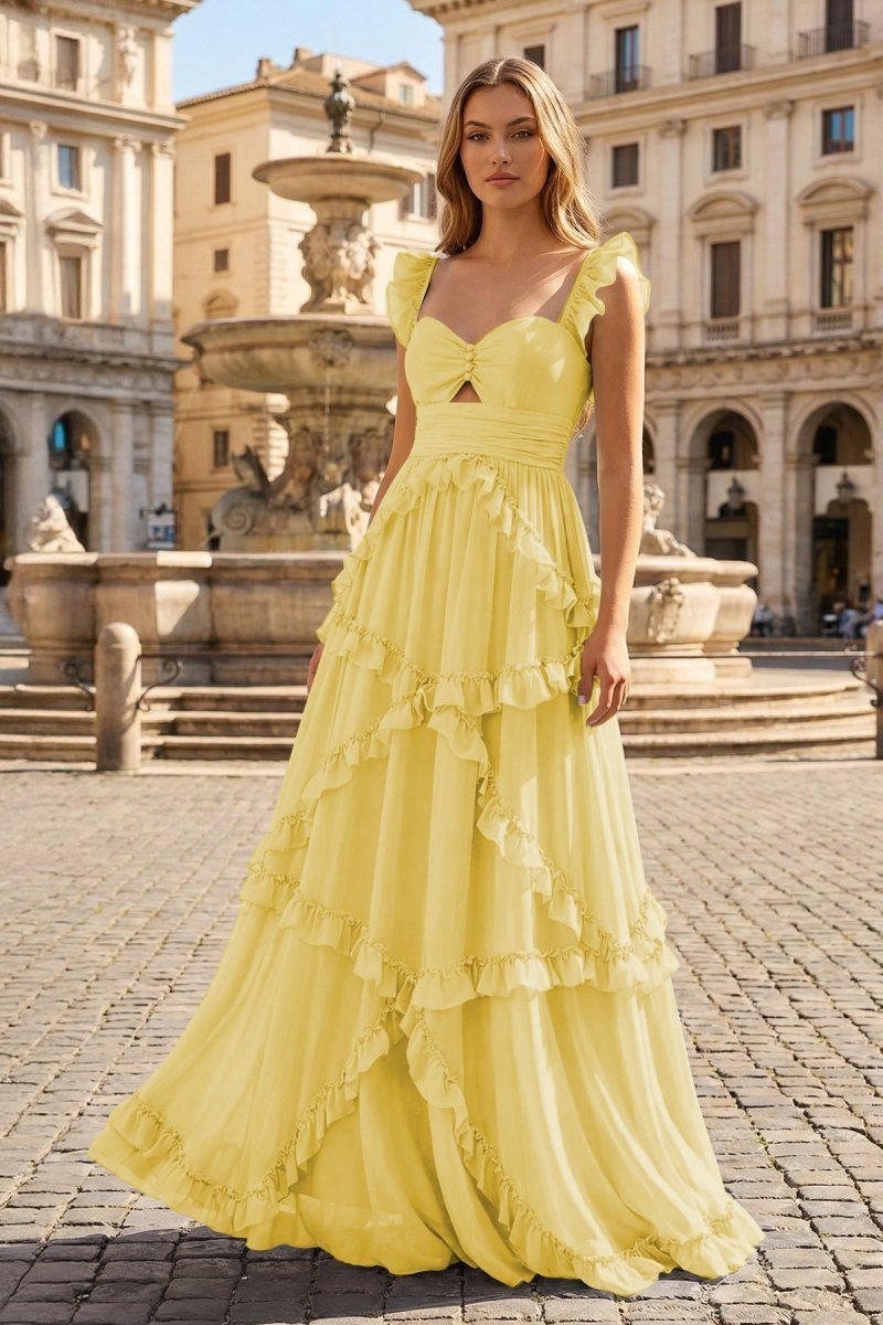 A-Line Straps Sky Blue Chiffon Ruffles Long Prom Dress - Curvevia