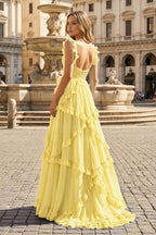 A-Line Straps Sky Blue Chiffon Ruffles Long Prom Dress - Curvevia