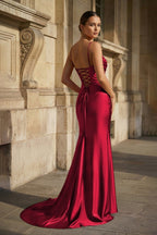 Fuchsia Spaghetti Straps Mermaid Satin Slit Evening Dress - Curvevia