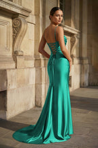 Fuchsia Spaghetti Straps Mermaid Satin Slit Evening Dress - Curvevia