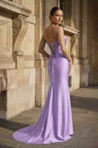 Fuchsia Spaghetti Straps Mermaid Satin Slit Evening Dress - Curvevia