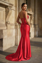 Fuchsia Spaghetti Straps Mermaid Satin Slit Evening Dress - Curvevia