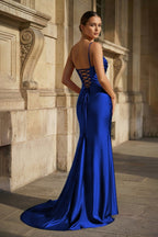 Fuchsia Spaghetti Straps Mermaid Satin Slit Evening Dress - Curvevia