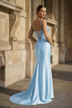 Fuchsia Spaghetti Straps Mermaid Satin Slit Evening Dress - Curvevia