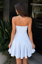 Sky Blue Strapless Satin Pleated A-line Short Wedding Guest Dress - Curvevia