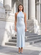 Sky Blue Satin Sheath Halter neckline Back Zip Floor-Length Dress - Curvevia
