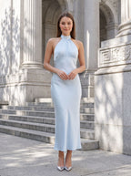 Sky Blue Satin Sheath Halter neckline Back Zip Floor-Length Dress - Curvevia
