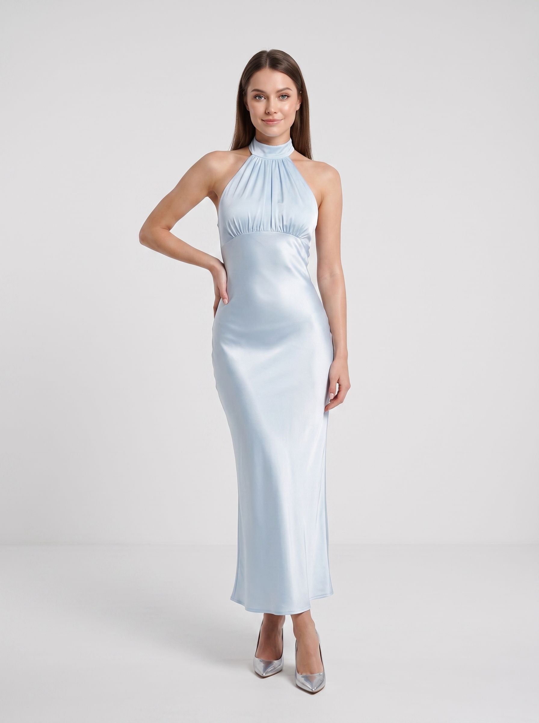 Sky Blue Satin Sheath Halter neckline Back Zip Floor-Length Dress - Curvevia