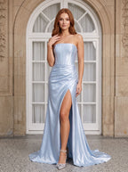 Mist Satin A-Line Straight Neck Corset Back Floor-Length Dress with High Slit - Curvevia