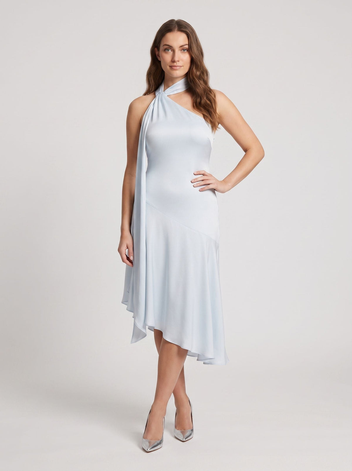 Mist Satin Column Halter neckline Side Zip Asymmetrical Dress with Wrap neck tie - Curvevia