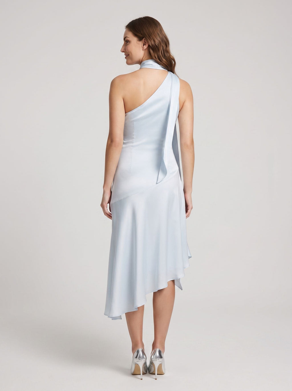 Mist Satin Column Halter neckline Side Zip Asymmetrical Dress with Wrap neck tie - Curvevia